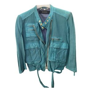 Gucci Teal Perforated Leather Jacket with Gold Hardware